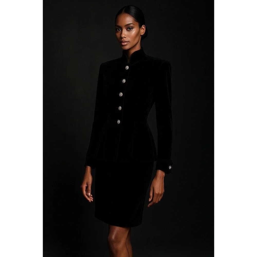 Vtg Henri Bendel‎ Black Velvet Skirt Suit Womens 10 Rhinestone Buttons Italy